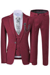 Chic Burgundy Notched Lapel Three-Piece Prom Suit With Black Polka Dots