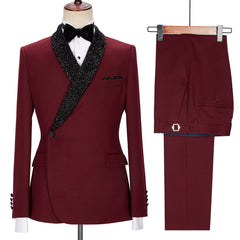 Chic Burgundy Sparkling Shawl Lapel Two-Piece Men’s Suit