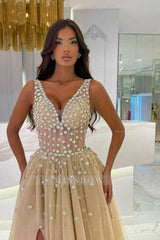 Chic Champagne A-Line Sleeveless V-Neck Beaded Sweep Train Long Tulle Evening Dress With Slit