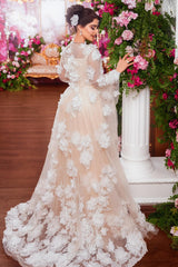 Chic Champagne A-Line Square Beaded Illusion Sleeves Sequined Long Tulle Wedding Dresses With 3D Flowers