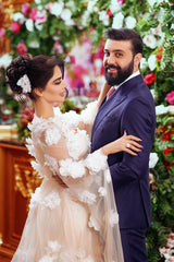 Chic Champagne A-Line Square Beaded Illusion Sleeves Sequined Long Tulle Wedding Dresses With 3D Flowers