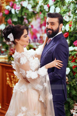 Chic Champagne A-Line Square Beaded Illusion Sleeves Sequined Long Tulle Wedding Dresses With 3D Flowers