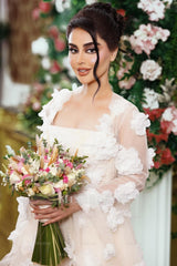 Chic Champagne A-Line Square Beaded Illusion Sleeves Sequined Long Tulle Wedding Dresses With 3D Flowers