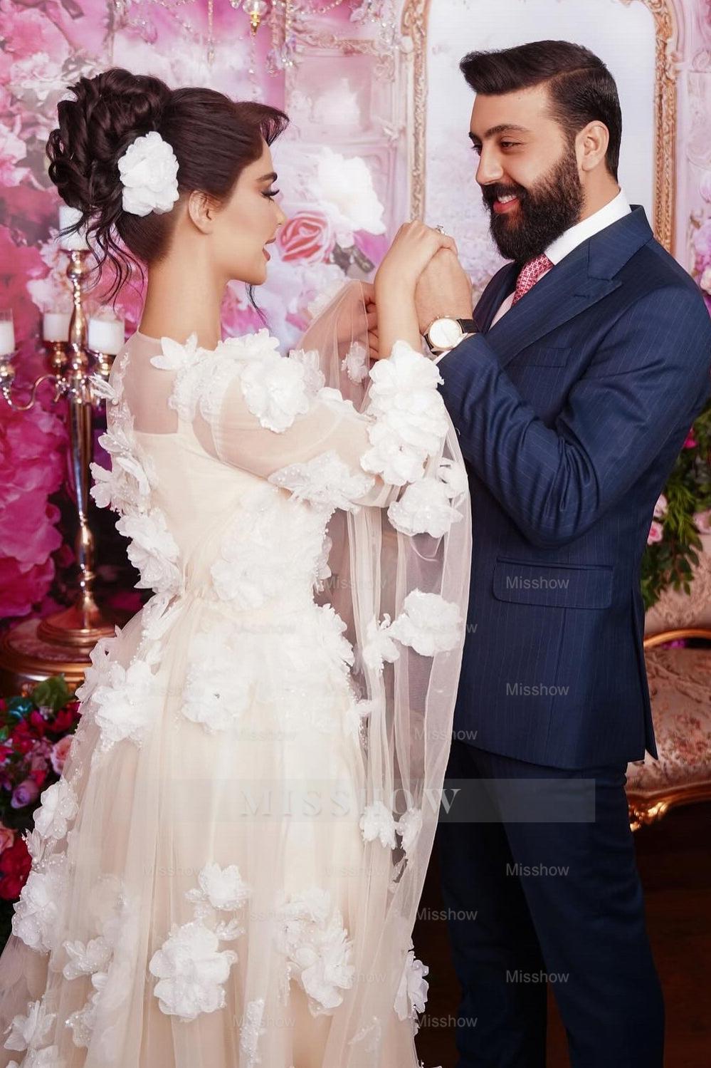 Chic Champagne A-Line Square Beaded Illusion Sleeves Sequined Long Tulle Wedding Dresses With 3D Flowers
