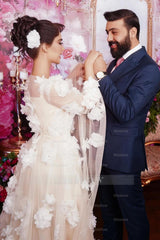 Chic Champagne A-Line Square Beaded Illusion Sleeves Sequined Long Tulle Wedding Dresses With 3D Flowers