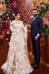 Chic Champagne A-Line Square Beaded Illusion Sleeves Sequined Long Tulle Wedding Dresses With 3D Flowers