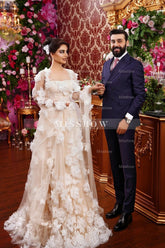 Chic Champagne A-Line Square Beaded Illusion Sleeves Sequined Long Tulle Wedding Dresses With 3D Flowers