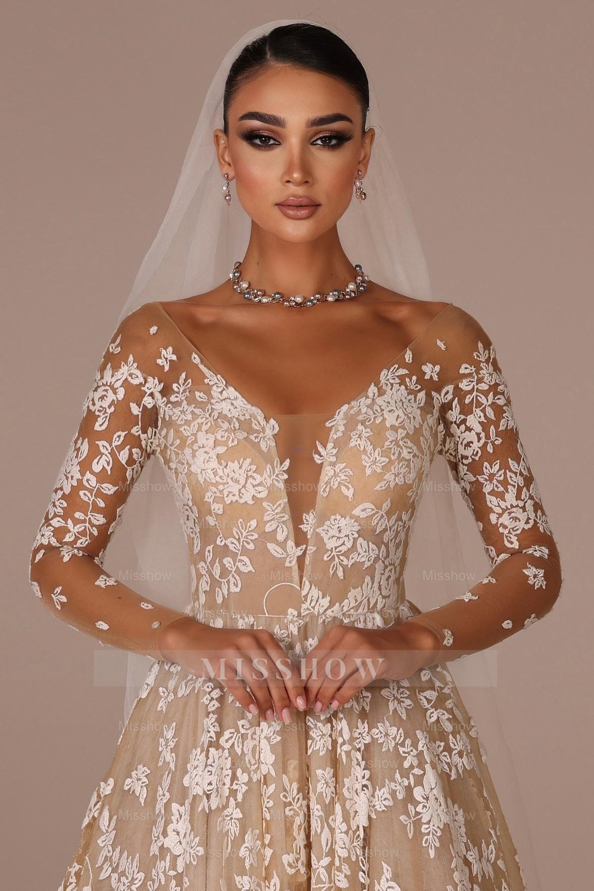 Chic Champagne A-Line V-Neck Illusion Sleeves Floor-Length Tulle Wedding Dresses With Appliques