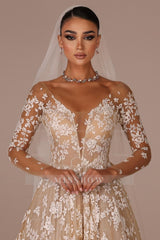 Chic Champagne A-Line V-Neck Illusion Sleeves Floor-Length Tulle Wedding Dresses With Appliques