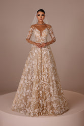 Chic Champagne A-Line V-Neck Illusion Sleeves Floor-Length Tulle Wedding Dresses With Appliques