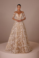 Chic Champagne A-Line V-Neck Illusion Sleeves Floor-Length Tulle Wedding Dresses With Appliques