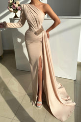 Chic Champagne Column One-Shoulder Beaded Long Sleeve Ruffle Panel Train Satin Evening Dresses With Slit