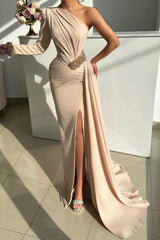 Chic Champagne Column One-Shoulder Beaded Long Sleeve Ruffle Panel Train Satin Evening Dresses With Slit