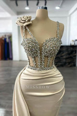 Chic Champagne Column Spaghetti Strap Sweetheart Sleeveless Panel Train Long Satin Evening Dresses With Rhinestones