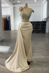Chic Champagne Column Spaghetti Strap Sweetheart Sleeveless Panel Train Long Satin Evening Dresses With Rhinestones