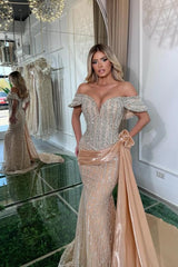 Chic Champagne Mermaid Sweetheart Off-The-Shoulder Sleeveless Sequined Panel Train Long Tulle Evening Dresses With Rhinestones
