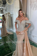 Chic Champagne Mermaid Sweetheart Off-The-Shoulder Sleeveless Sequined Panel Train Long Tulle Evening Dresses With Rhinestones