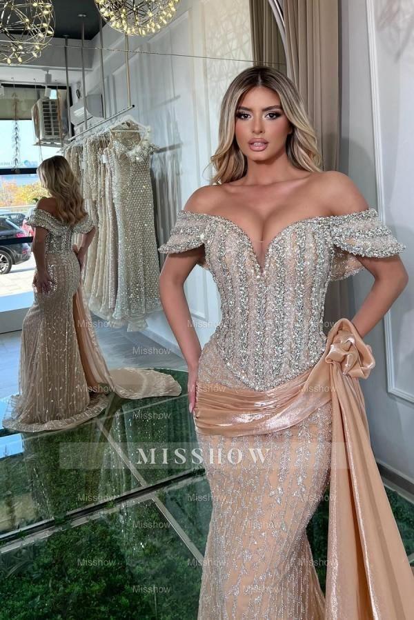 Chic Champagne Mermaid Sweetheart Off-The-Shoulder Sleeveless Sequined Panel Train Long Tulle Evening Dresses With Rhinestones