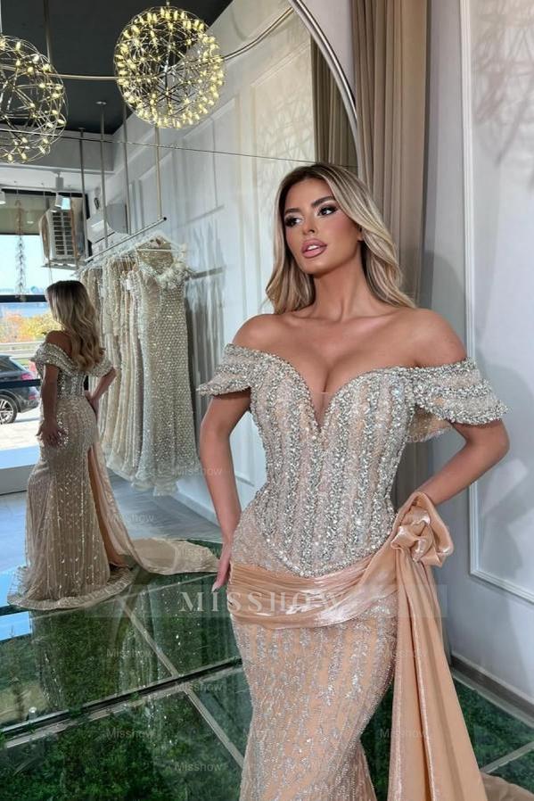 Chic Champagne Mermaid Sweetheart Off-The-Shoulder Sleeveless Sequined Panel Train Long Tulle Evening Dresses With Rhinestones