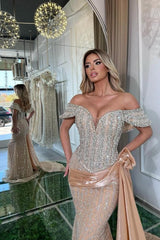 Chic Champagne Mermaid Sweetheart Off-The-Shoulder Sleeveless Sequined Panel Train Long Tulle Evening Dresses With Rhinestones
