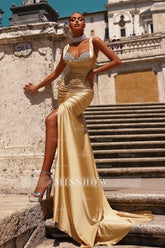 Chic Champagne Mermaid Sweetheart Spaghetti Strap Sleeveless Satin Ruffle Prom Dresses With Slit