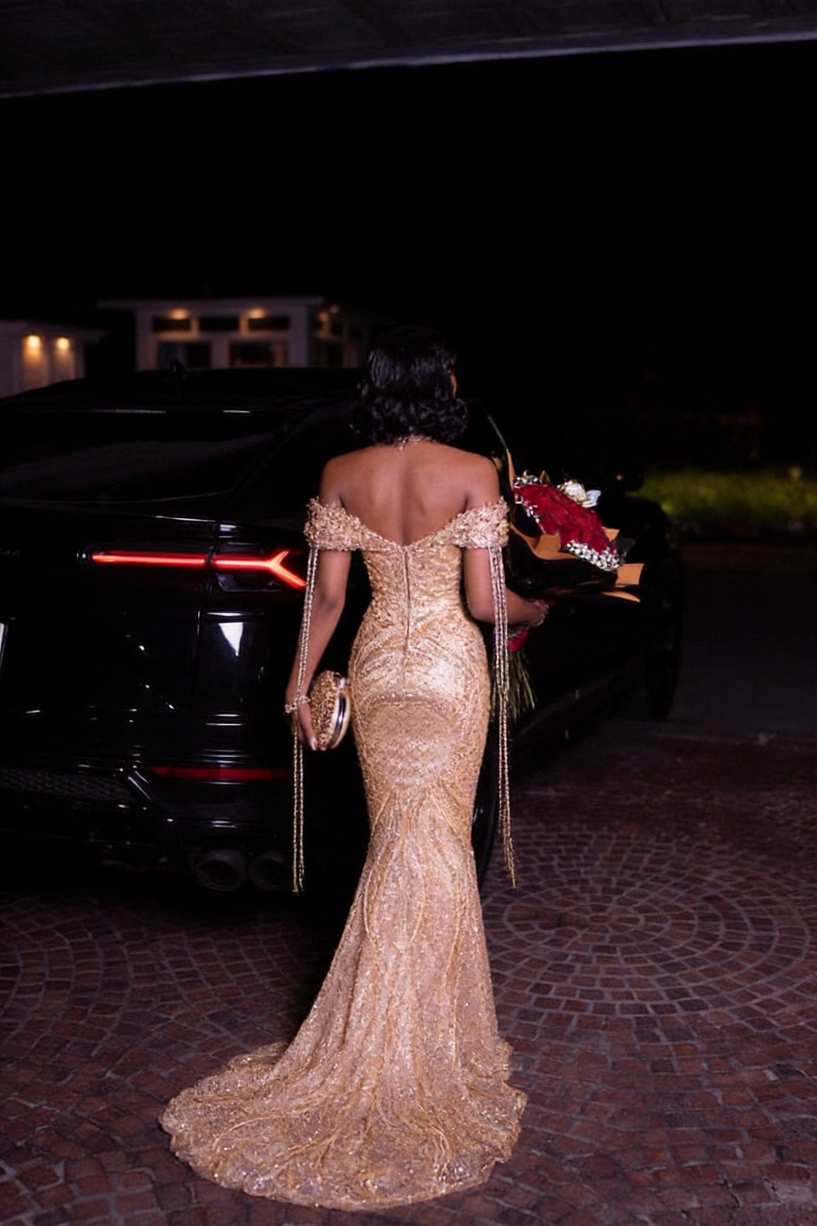 Chic Champagne Off-The-Shoulder Sleeveless Mermaid Prom Dress with Rhinestones and Beadings