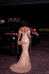 Chic Champagne Off-The-Shoulder Sleeveless Mermaid Prom Dress with Rhinestones and Beadings