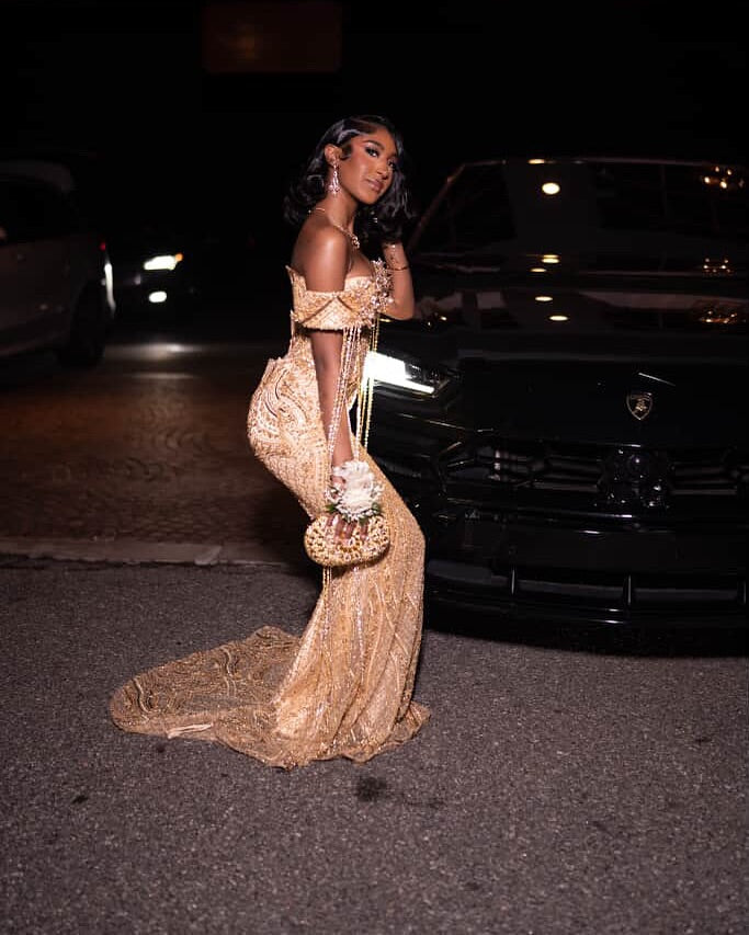 Chic Champagne Off-The-Shoulder Sleeveless Mermaid Prom Dress with Rhinestones and Beadings