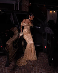 Chic Champagne Off-The-Shoulder Sleeveless Mermaid Prom Dress with Rhinestones and Beadings