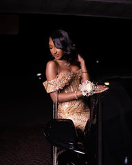 Chic Champagne Off-The-Shoulder Sleeveless Mermaid Prom Dress with Rhinestones and Beadings