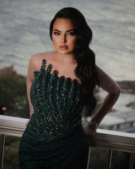 Chic Dark Green Mermaid Strapless Beaded Sleeveless Long Evening Dresses Front Split With Rhinestones