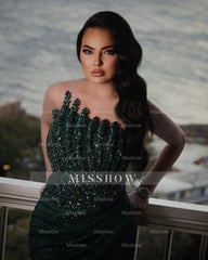 Chic Dark Green Mermaid Strapless Beaded Sleeveless Long Evening Dresses Front Split With Rhinestones