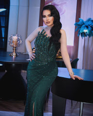 Chic Dark Green Mermaid Strapless Beaded Sleeveless Long Evening Dresses Front Split With Rhinestones