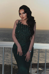 Chic Dark Green Mermaid Strapless Beaded Sleeveless Long Evening Dresses Front Split With Rhinestones