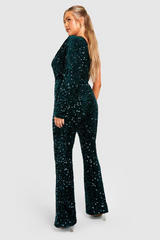 Chic Dark Green Sequins One-Shoulder Party Jump Suit With One Sleeve