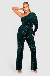 Chic Dark Green Sequins One-Shoulder Party Jump Suit With One Sleeve