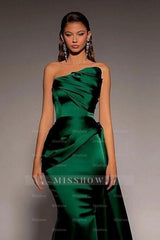 Chic Dark Green Strapless Sleeveless Mermaid Long Formal Dress With Pleated