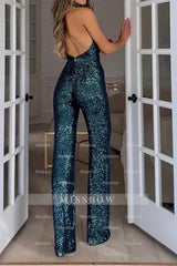 Chic Dark Green V-Neck Sleeveless Sequins Long Jump Suit