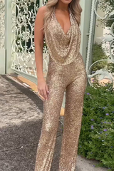 Chic Dark Green V-Neck Sleeveless Sequins Long Jump Suit