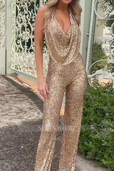 Chic Dark Green V-Neck Sleeveless Sequins Long Jump Suit