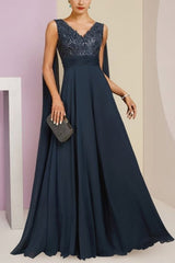 Chic Dark Navy A-Line V-Neck Sequined Sleeveless Chiffon Party Dresses With Appliques