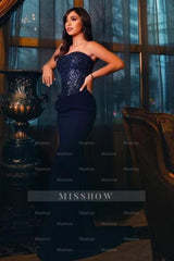 Chic Dark Navy Mermaid Strapless Sleeveless Sequined Sweep Train Satin Prom Dresses