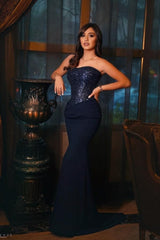Chic Dark Navy Mermaid Strapless Sleeveless Sequined Sweep Train Satin Prom Dresses