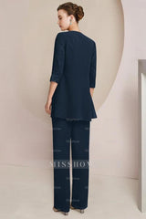 Chic Dark Navy Silver Lace Top Half Sleeves Chiffon Mother of Bride Jumpsuit with Wrap