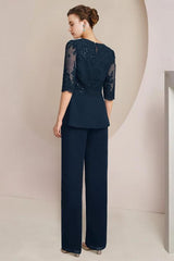 Chic Dark Navy Silver Lace Top Half Sleeves Chiffon Mother of Bride Jumpsuit with Wrap