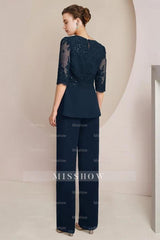Chic Dark Navy Silver Lace Top Half Sleeves Chiffon Mother of Bride Jumpsuit with Wrap