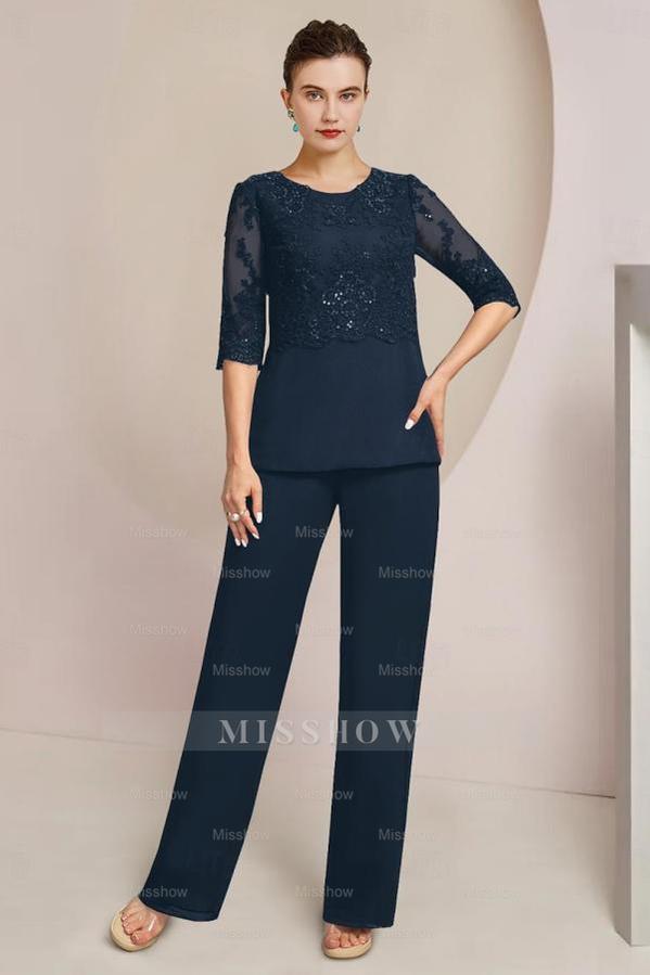 Chic Dark Navy Silver Lace Top Half Sleeves Chiffon Mother of Bride Jumpsuit with Wrap