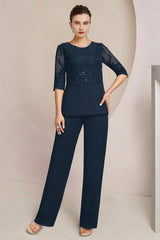 Chic Dark Navy Silver Lace Top Half Sleeves Chiffon Mother of Bride Jumpsuit with Wrap
