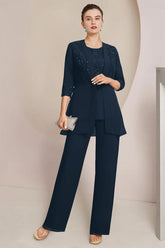 Chic Dark Navy Silver Lace Top Half Sleeves Chiffon Mother of Bride Jumpsuit with Wrap