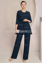Chic Dark Navy Silver Lace Top Half Sleeves Chiffon Mother of Bride Jumpsuit with Wrap